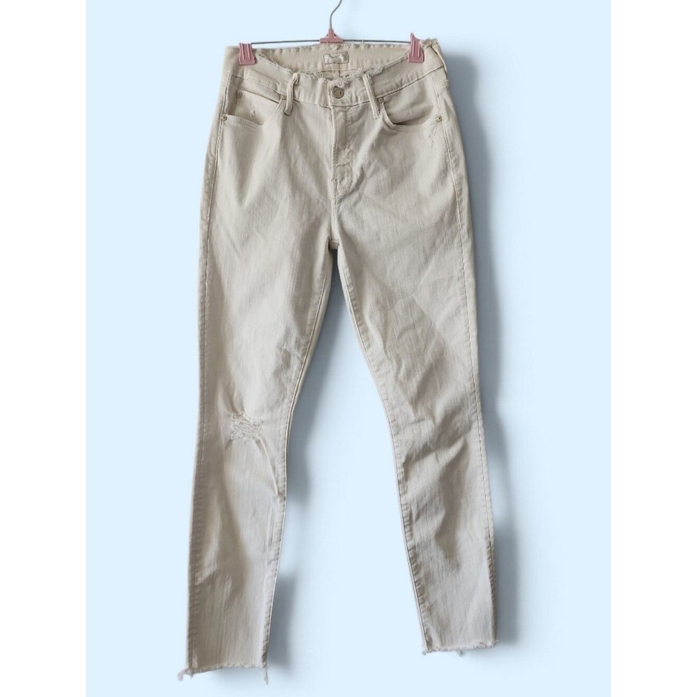 Mother The Double Fray Charmer Jeans Womens 27 Ivory Skinny Distressed High Rise